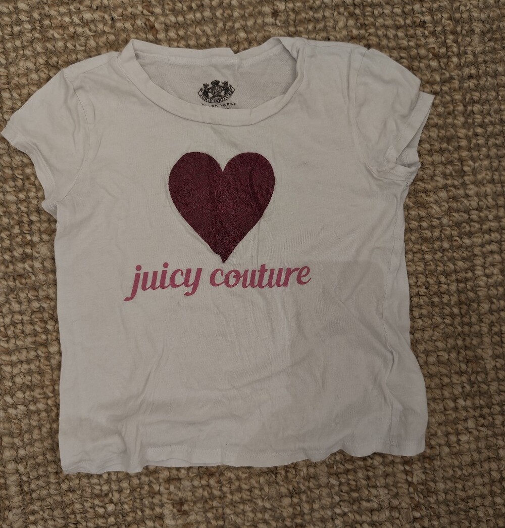 Juicy Couture White Tee with Burgundy Heart and Pink Logo
